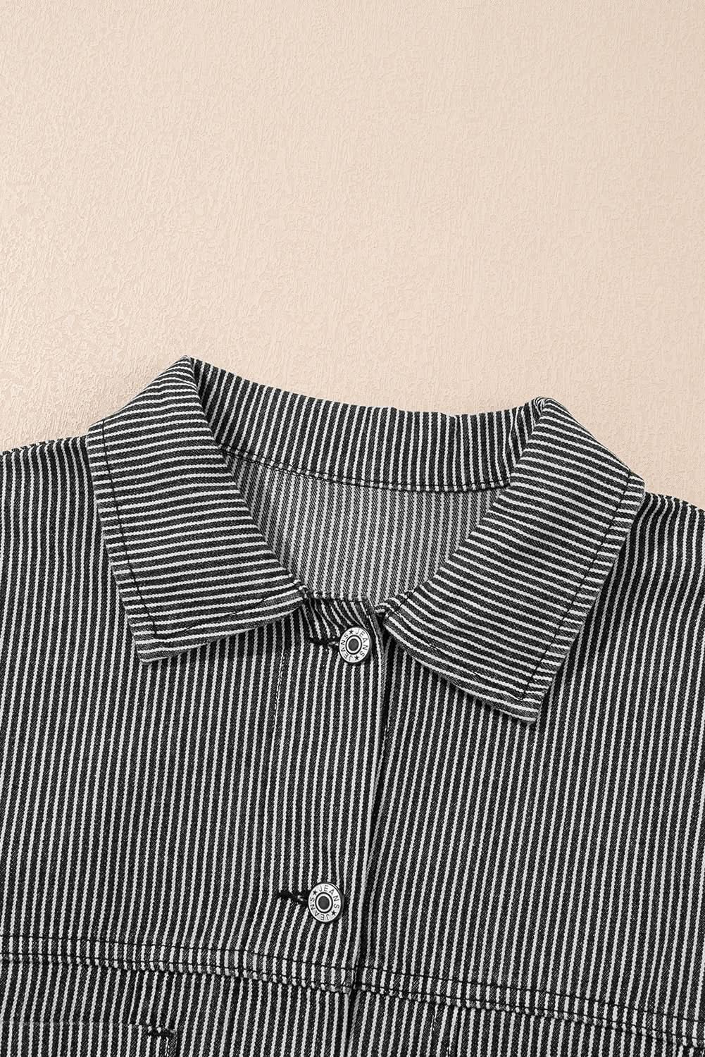Blue Stripe Washed Oversize Pocketed Denim Jacket - Love Salve